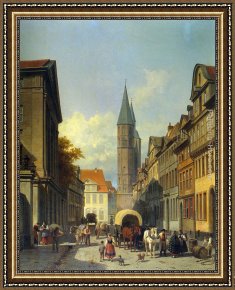 Out on The Town Framed Paintings - A Busy Street in a German Town by Jacques Carabain