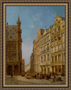 Figure Modern Framed Paintings - Many Figures at an Auction on the Grande Place in Brussels by Jacques Carabain