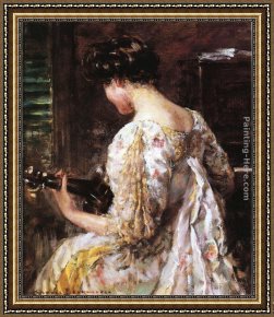 Guitar with Clarinet Framed Paintings - Woman with Guitar by James Carroll Beckwith