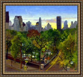 Boating in Central Park Framed Paintings - Central Park Twlight by James Childs