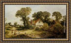 Edwin Framed Paintings - Childrem by a Country Cottage by James Edwin Meadows