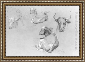 Calves Watering Framed Paintings - Studies of Cows and Calves by James McDougal Hart