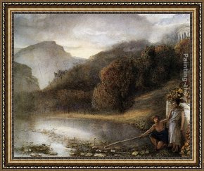 Classical Framed Paintings - Classical figures by a river with a Temple Beyond by James Smetham