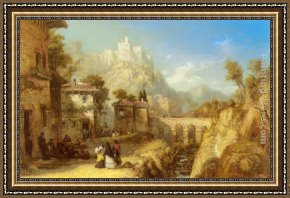 A Mediterranean Courtyard Framed Paintings - A Mediterranean Landscape with Villagers by James Webb