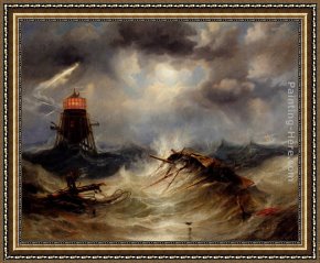 Storm Framed Paintings - The Irwin Lighthouse, Storm Raging by James Wilson Carmichael