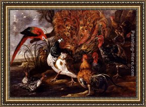 Mallard Duck Framed Paintings - A Peacock In A Landscape With Roosters, Turkeys, Ducks, A Heron And A Parrot by Jan Fyt