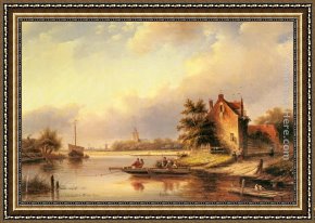 A Milkmaid with Her Cows on a Summer Day Framed Paintings - A Summer's Day at the Ferry Crossing by Jan Jacob Coenraad Spohler