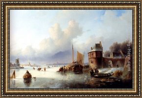 A Winter Landscape with Skaters Near a Village Framed Paintings - A Winter Landscape With Numerous Skaters On A Frozen Waterway, Dordrecht In The Distance by Jan Jacob Coenraad Spohler