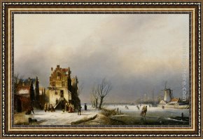 A Winter Landscape with Skaters Near a Village Framed Paintings - A Winter Landscape with Skaters near a Village by Jan Jacob Coenraad Spohler