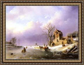 A River Landscape in Springtime Framed Paintings - Winter Landscape with Figures on a Frozen River by Jan Jacob Coenraad Spohler