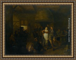 Miense Framed Paintings - A Tavern Interior with a Bagpiper and a Couple Dancing by Jan Miense Molenaer