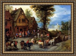 Elders Framed Paintings - A Village Street With The Holy Family Arriving At An Inn by Jan the elder Brueghel