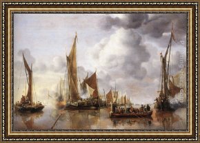 The Arrival of The Fleet Framed Paintings - The State Barge Saluted by the Home Fleet by Jan van de Capelle