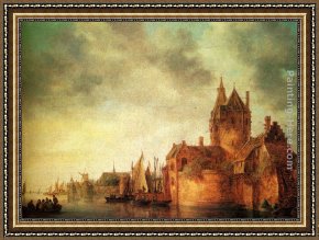 Jan Van Goyen Framed Paintings - A Castle By A River With Shipping At A Quay by Jan van Goyen