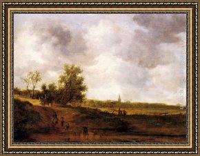 Jan Van Goyen Framed Paintings - A rural landscape with peasants and a drover by a track, a village beyond by Jan van Goyen