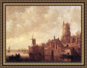 Jan Van Goyen Framed Paintings - River Landscape with a Windmill and a Ruined Castle by Jan van Goyen
