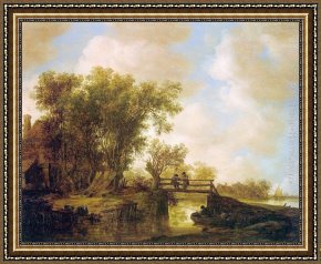 Jan Van Goyen Framed Paintings - The Footbridge by Jan van Goyen