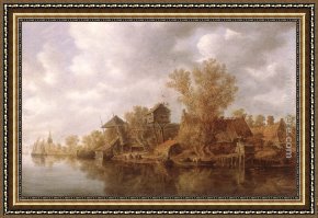 Jan Van Goyen Framed Paintings - Village at the River by Jan van Goyen