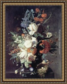 Jan Van Goyen Framed Paintings - A Vase of Flowers by Jan Van Huysum