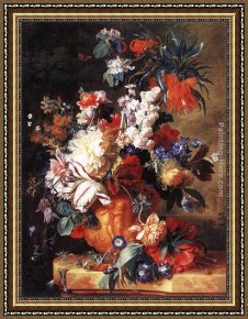 Jan Van Goyen Framed Paintings - Bouquet of Flowers in an Urn by Jan Van Huysum