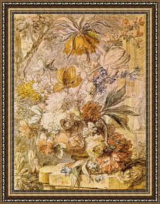Jan Van Goyen Framed Paintings - Vase of Flowers by Jan Van Huysum