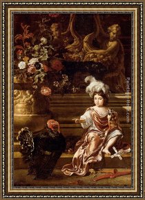 Flower of Life Framed Paintings - A Boy Seated On A Terrace With His Pet Monkey And a Turkey, A Still Life Of Flowers In A Sculpted Urn At Left by Jan Weenix