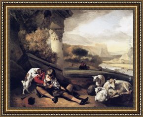 Shepherd Framed Paintings - Landscape with Shepherd Boy by Jan Weenix