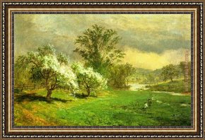 Those Blossoms You Gave So Freely 1 Framed Paintings - Apple Blossom Time by Jasper Francis Cropsey