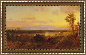 An Autumn Landscape with Cows Near a Stream Framed Paintings - Autumn Landscape by Jasper Francis Cropsey