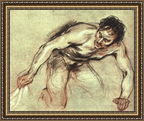Jean-jules-antoine Lecomte Du Nouy Framed Paintings - Kneeling Male Nude by Jean-Antoine Watteau