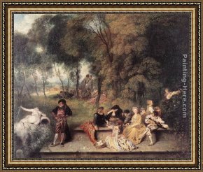 Open Framed Paintings - Merry Company in the open air by Jean-Antoine Watteau