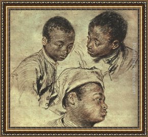 Jean-antoine Watteau Framed Paintings - Three studies of a boy by Jean-Antoine Watteau