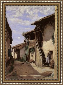 Jean-baptiste Oudry Framed Paintings - A Village Steeet, Dardagny by Jean-Baptiste-Camille Corot