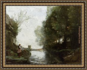 Jazz on The Square Framed Paintings - Watercourse leading to the square tower by Jean-Baptiste-Camille Corot