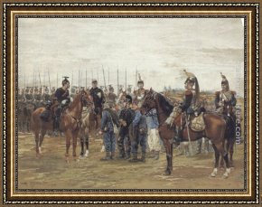 Jean-baptiste Oudry Framed Paintings - A French Cavalry Officer Guarding Captured Bavarian Soldiers by Jean Baptiste Edouard Detaille