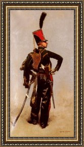 Hussar Russian Guard Corps Framed Paintings - A Rank Soldier of the 7th Hussar Regiment by Jean Baptiste Edouard Detaille