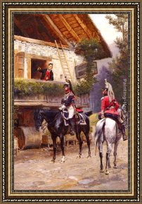 Jean-baptiste Oudry Framed Paintings - Officers from a Cuirassier Regiment in front of a Country House by Jean Baptiste Edouard Detaille