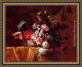 Stone Framed Paintings - Still Life Of Hydrangeas, Convolvuli, Peonies And Other Flowers In An Urn On A Draped Stone Ledge by Jean-Baptiste Monnoyer