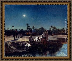 The Encampment Framed Paintings - An Arab Encampment By Moonlight by Jean Baptiste Paul Lazerges