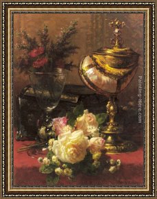 A Bouquet of Roses And Other Flowers in a Glass Goblet with a Chinese Lacquer Box And a Nautilus Cup on a Red Velvet Draped Table Framed Paintings - A Bouquet of Roses and other Flowers in a Glass Goblet with a Chinese Lacquer Box and a Nautilus Cup on a red Velvet draped Table by Jean-Baptiste Robie