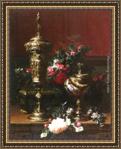 A Bouquet of Roses And Other Flowers in a Glass Goblet with a Chinese Lacquer Box And a Nautilus Cup on a Red Velvet Draped Table Framed Paintings - A Still Life With A German Cup, A Nautilus Cup, A Goblet An Cut Flowers On A Table by Jean-Baptiste Robie