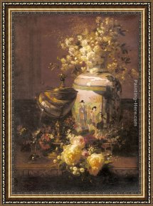Floral Still Life in a Blue And White Porcelain Vase Framed Paintings - Still Life With Japanese Vase And Flowers by Jean-Baptiste Robie