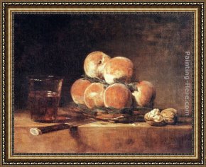 Jean Baptiste Simeon Chardin Framed Paintings - A Basket of Peaches by Jean Baptiste Simeon Chardin