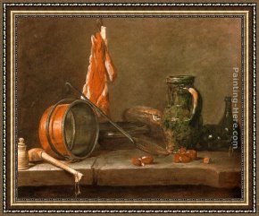 Jean Baptiste Simeon Chardin Framed Paintings - A Lean Diet  with Cooking Utensils Jean Baptiste Simeon Chardin by Jean Baptiste Simeon Chardin