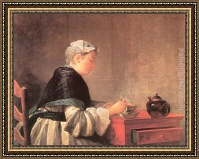Jean Baptiste Simeon Chardin Framed Paintings - Lady Taking Tea by Jean Baptiste Simeon Chardin