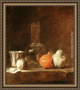 Jean Baptiste Simeon Chardin Framed Paintings - Still Life with Carafe, Silver Goblet and Fruit by Jean Baptiste Simeon Chardin