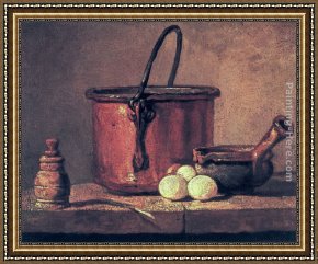 Jean Baptiste Simeon Chardin Framed Paintings - Still Life with Copper Cauldron and Eggs by Jean Baptiste Simeon Chardin