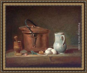 Jean Baptiste Simeon Chardin Framed Paintings - Still Life with Copper Pan and Pestle and Mortar by Jean Baptiste Simeon Chardin
