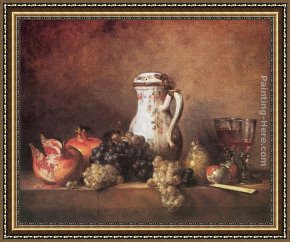Jean Baptiste Simeon Chardin Framed Paintings - Still Life with Grapes and Pomegranates by Jean Baptiste Simeon Chardin