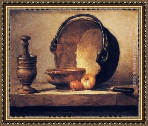 Jean Baptiste Simeon Chardin Framed Paintings - Still Life with Pestle, Bowl, Copper Cauldron, Onions and a Knife by Jean Baptiste Simeon Chardin